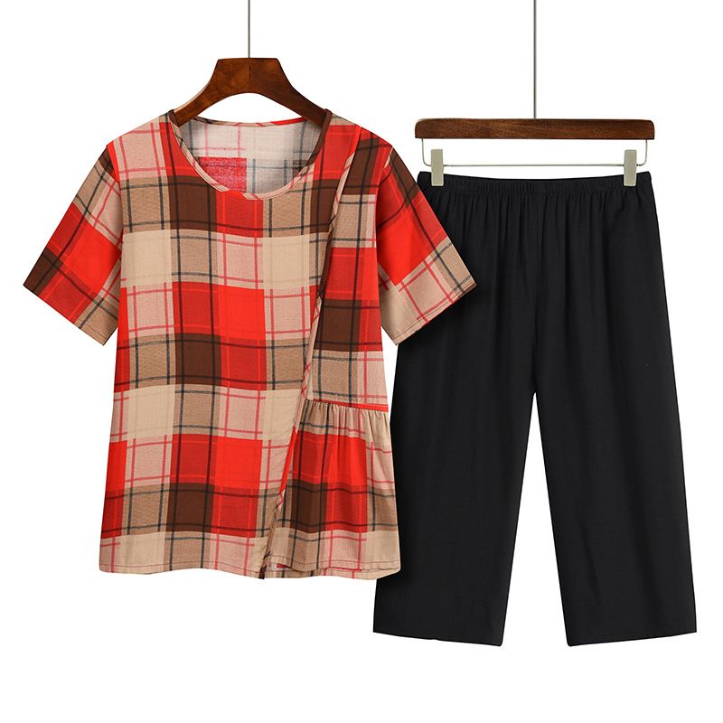 中老年媽媽短袖套裝(XL-4XL碼 紅格）【下單後請聯絡客服確認發貨尺碼】F001099355