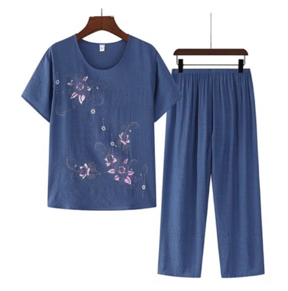 夏季中老年棉麻套裝（藍色）【尺碼：XL-4XL】【下單後聯絡客服確認發貨尺碼】F203013034