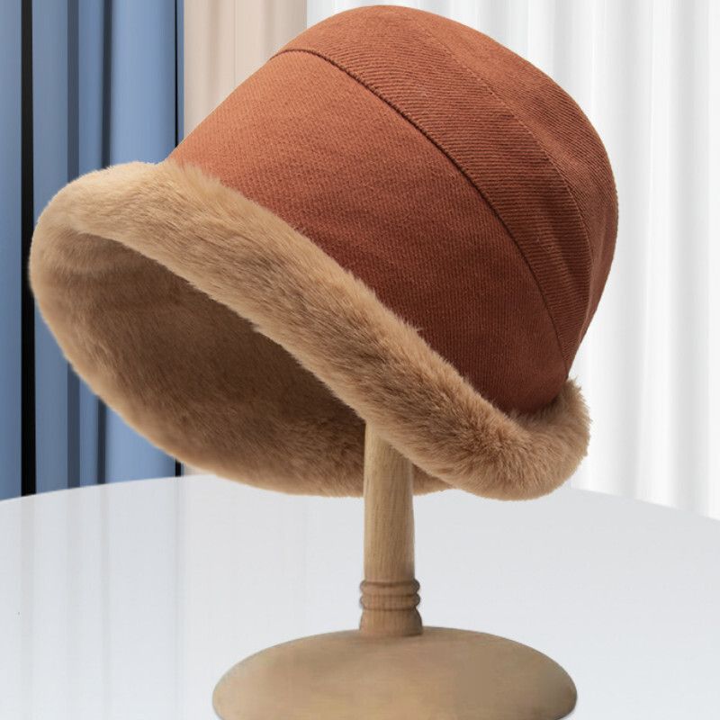 加絨加厚寬簷保暖捲邊盆帽帽子【E-313鐵鏽紅毛絨捲邊漁夫帽】【均碼】#S284010114