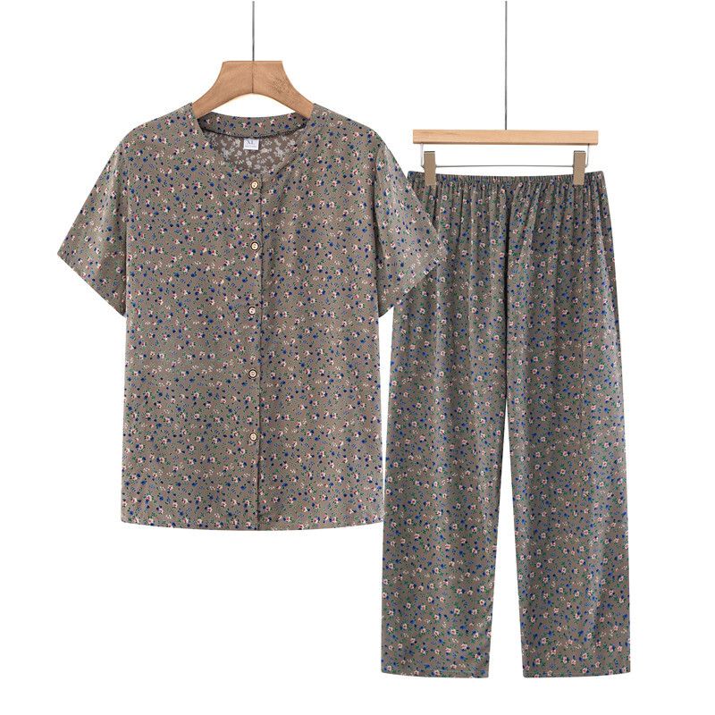 中老年媽媽短袖套裝(XL-4XL碼 暗灰碎花）【下單後請聯絡客服確認發貨尺碼】F001099404