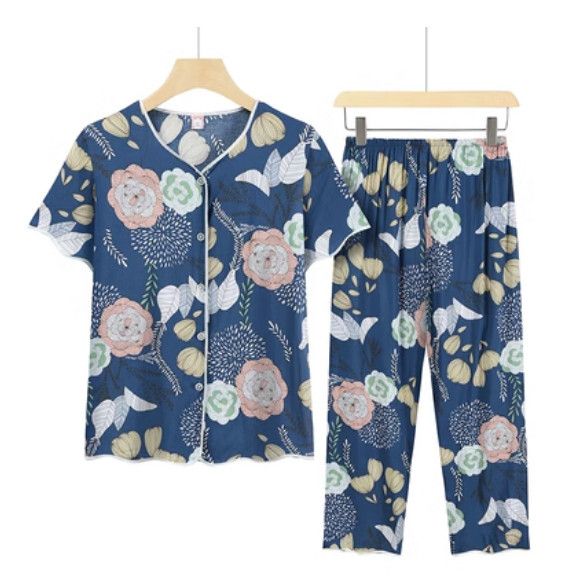 夏季中老年套裝（藍色大花）【尺碼：XL-4XL】【下單後聯絡客服確認發貨尺碼】F203013192