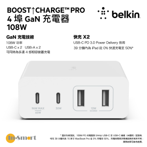 4-Port GaN Charger 108W, x2 USB-C PD, x2 USB-A