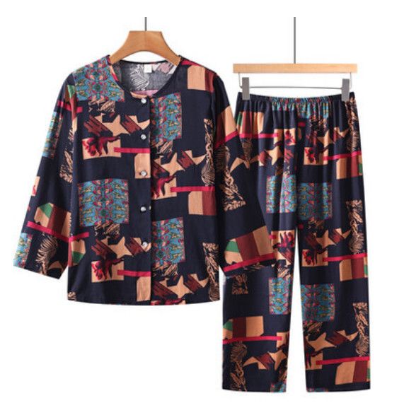 夏季中老年長袖開衫套裝（黑色底彩格）【尺碼：XL-5XL】【下單後聯絡客服確認發貨尺碼】F203013096