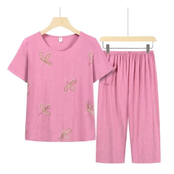 夏季中老年綿綢套裝（粉紅）【尺碼：XL-3XL】【下單後聯絡客服確認發貨尺碼】F203013228