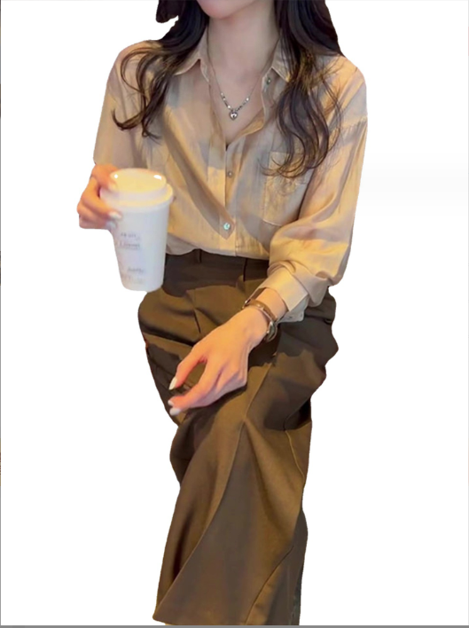 襯衫闊腿褲兩件套裝（杏色襯衫+咖色闊腿褲）（規格：S-XL碼）(下單後聯絡客服確認發貨尺碼) #F047050407