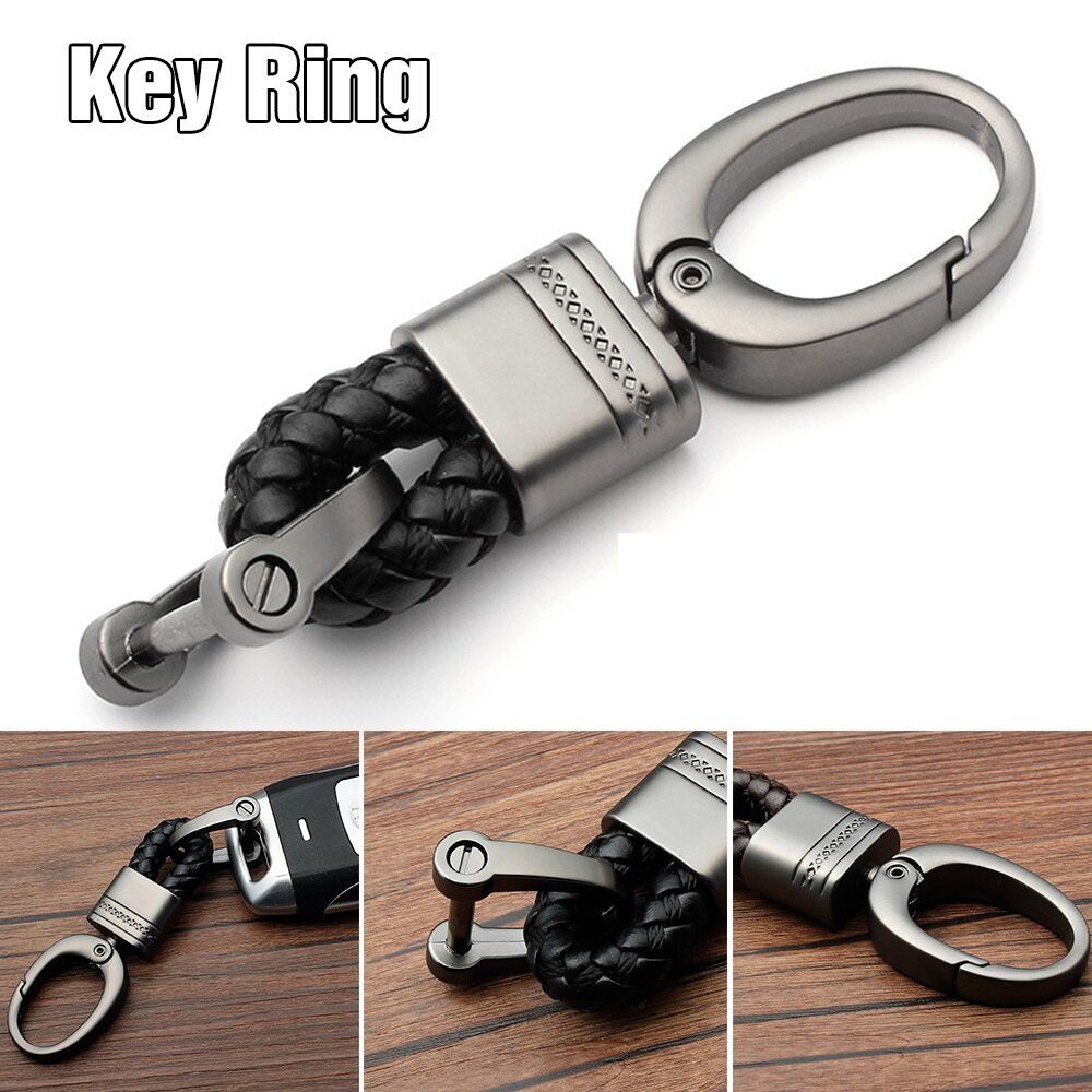 Hand-Woven Metal Leather Key Chain Ring Keyfob Car Keyring Keychain Gift (Black)