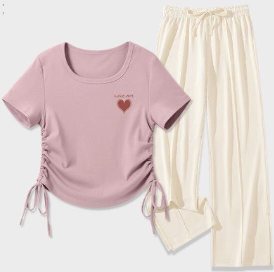 t恤+冰絲開叉長褲【豆沙粉（愛藝心）+米白褲】【S-2XL碼】（下單後請聯絡客服確認發貨尺碼）#K011002459