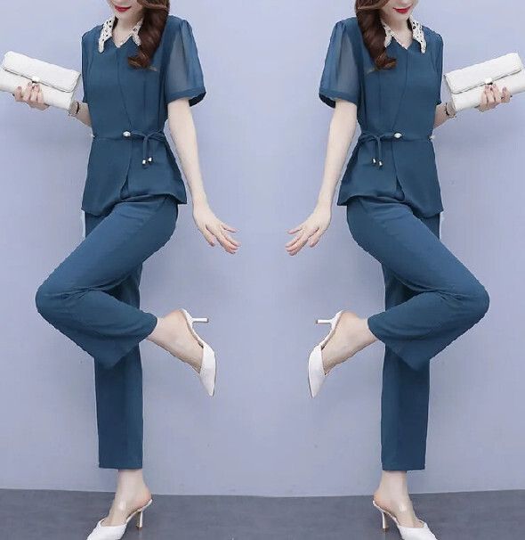 時尚媽媽休閒兩件套【藍色】 (尺碼：L-4XL碼) (下單後聯繫客服確認發貨尺碼)#F158027375