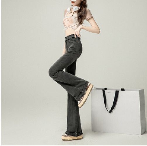 復古毛邊高腰喇叭牛仔褲女高腰修身設計微喇拖地長褲（灰色長褲）[尺碼：XS-2XL][下單後聯絡客服確認發貨尺碼]