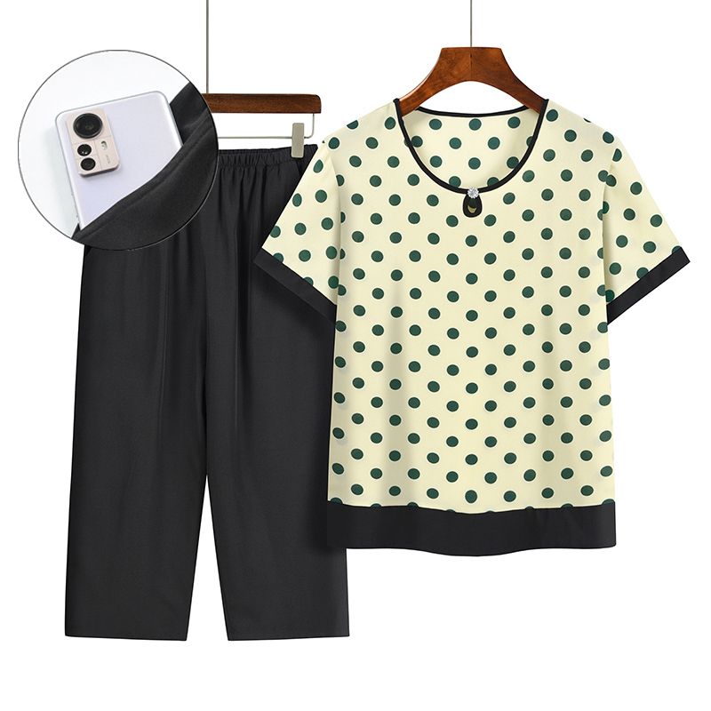 中老年媽媽短袖套裝(XL-4XL碼 杏色）【下單後請聯絡客服確認發貨尺碼】F001099341