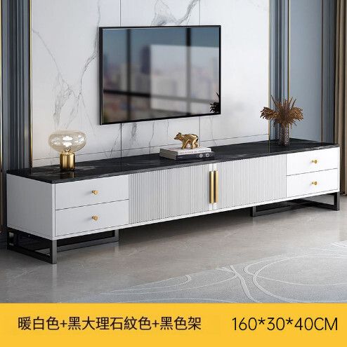 簡易電視機儲物櫃（四抽兩門--暖白色+黑大理石紋色+黑色架160*30*40CM）#H51_048_073