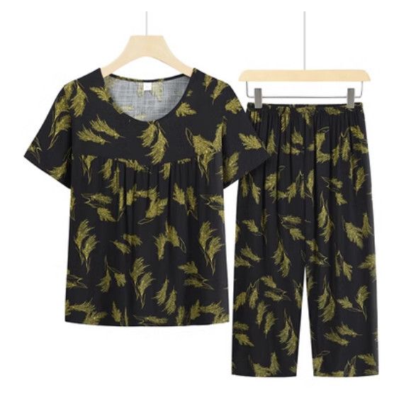 夏季中老年綿綢套裝（黑色金羽毛）【尺碼：XL-4XL】【下單後聯絡客服確認發貨尺碼】F203013254