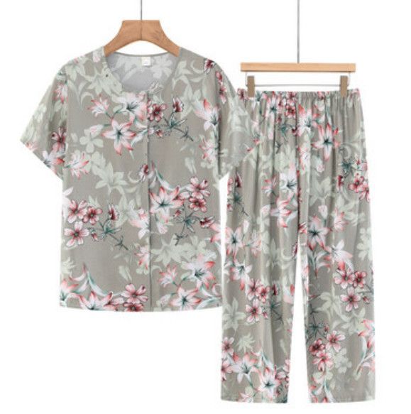 夏季中老年兩件套套裝（淺綠花朵）【尺碼：XL-5XL】【下單後聯絡客服確認發貨尺碼】F203013172