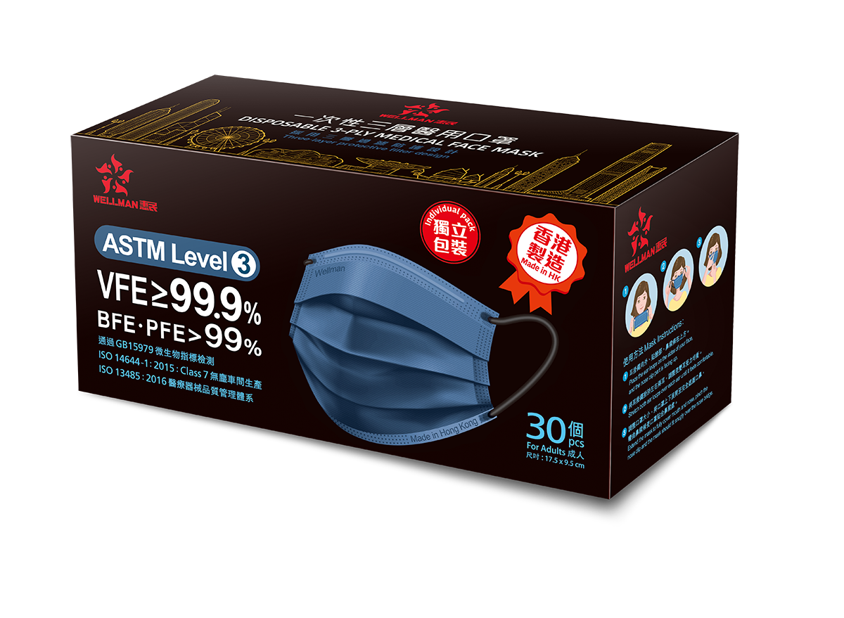 [香港製造] 成人醫用口罩 ASTM LEVEL 3 (30片獨立包裝) 丹寧藍色