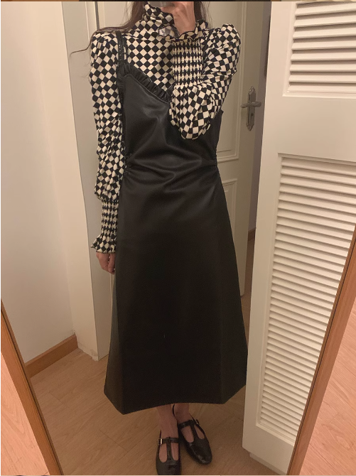 棋盤格泡泡袖T恤pu皮吊帶連衣裙套裝（黑色）（規格：S-XL碼）(下單後聯絡客服確認發貨尺碼) #F047050374