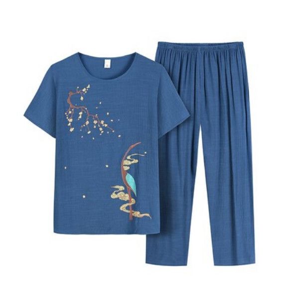 夏季中老年純棉麻套裝（【千鶴】藍色）【尺碼：XL-4XL】【下單後聯絡客服確認發貨尺碼】F203013027