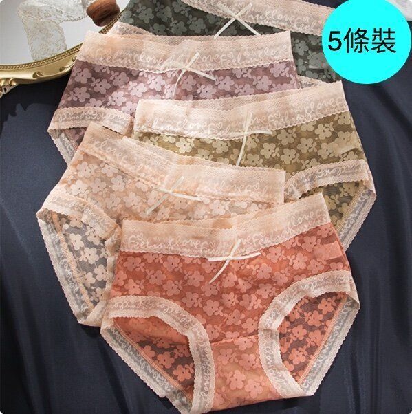 【5條裝】女士純棉襠中腰蕾絲邊三角褲 (M-XL碼)【顏色隨機 下單後聯絡客服確認發貨尺碼】