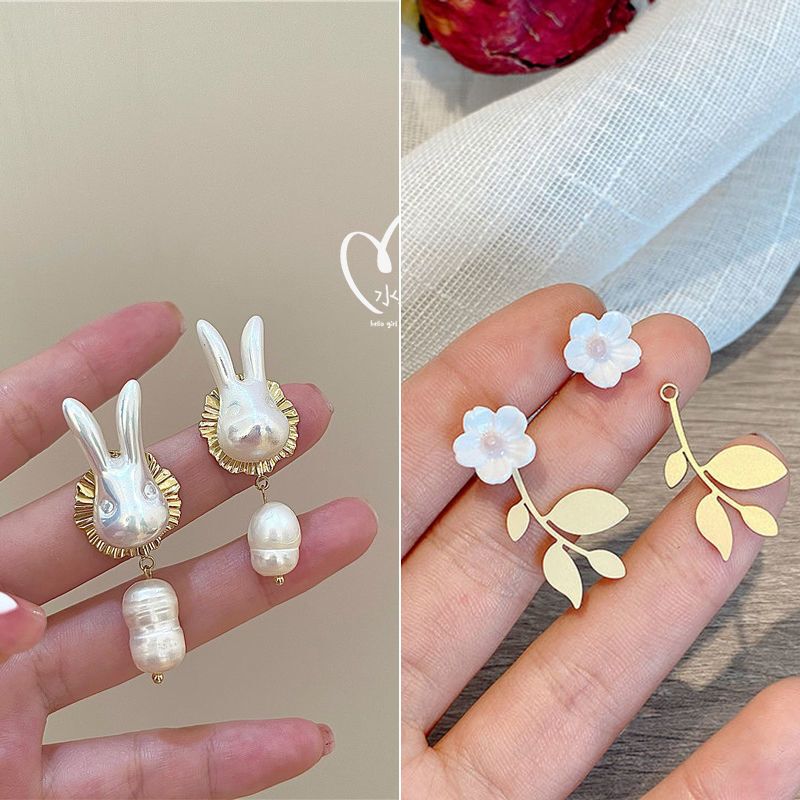 【2對裝】氣質簡約耳環 高級感耳飾(珍珠小兔耳釘+白色小花）#F001104576