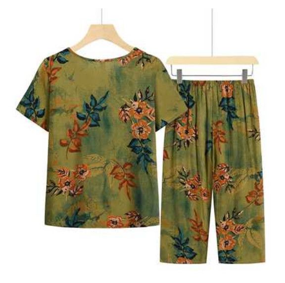 夏季中老年綿綢套裝（翠綠）【尺碼：XL-4XL】【下單後聯絡客服確認發貨尺碼】F203013310