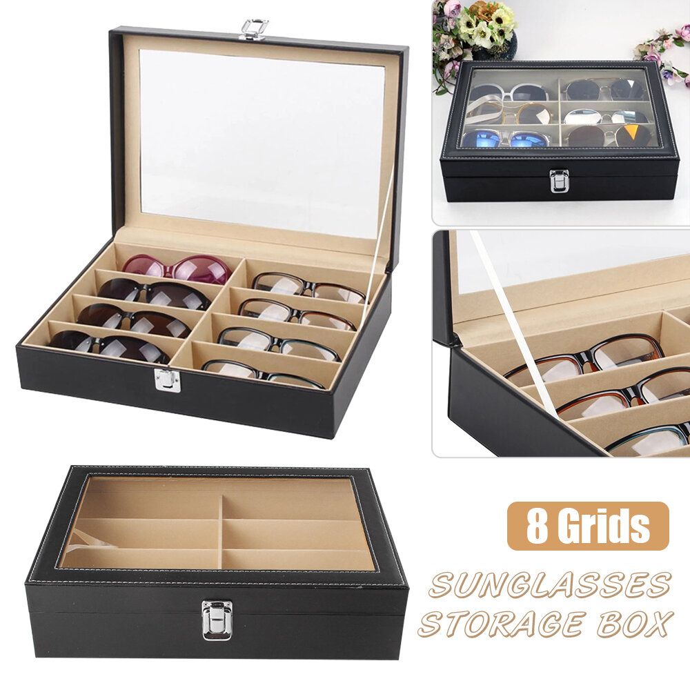 8-slot glasses case with window lid, sunglasses leather case, black leather packaging box