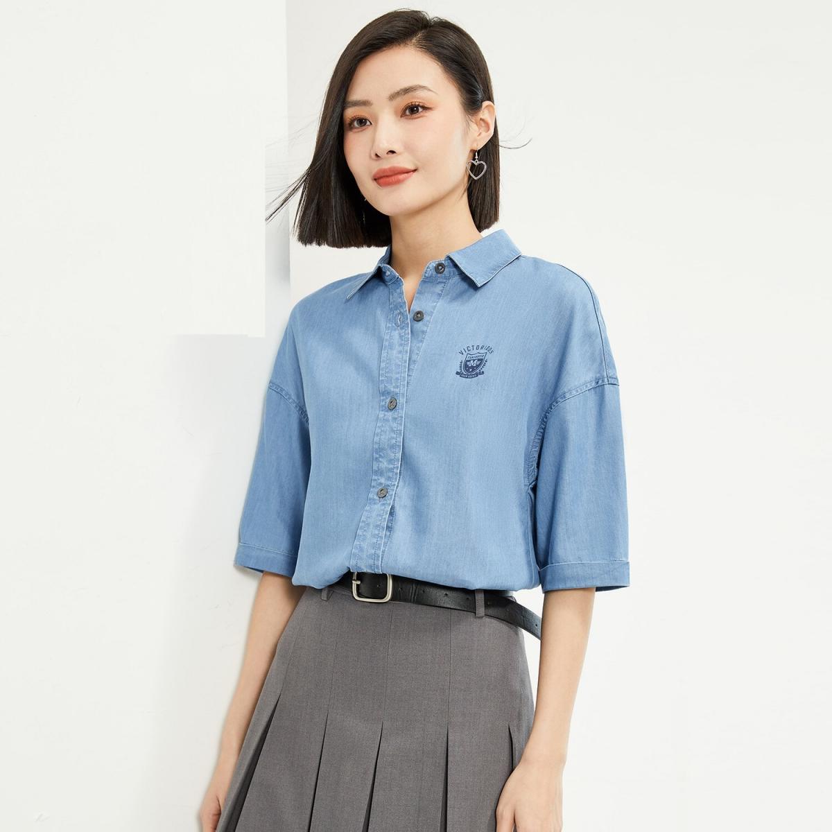 【Online Exclusive】BM Women's Sunscreen Denim Short-sleeved Loose Fit Casual Shirt (Size S)