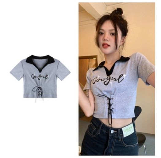 polo衫綁帶正肩短袖T卹(灰色,S-XL碼)【下單後請聯絡客服確認發貨尺碼】#F220012118