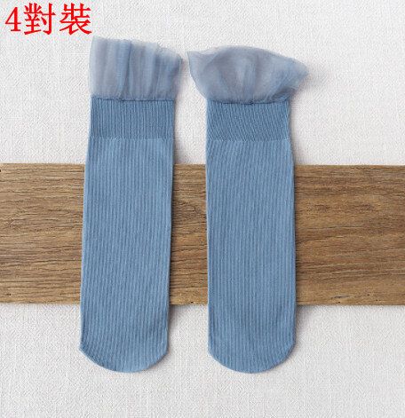【4對裝】夏季蕾絲花邊中筒女襪（藍色）