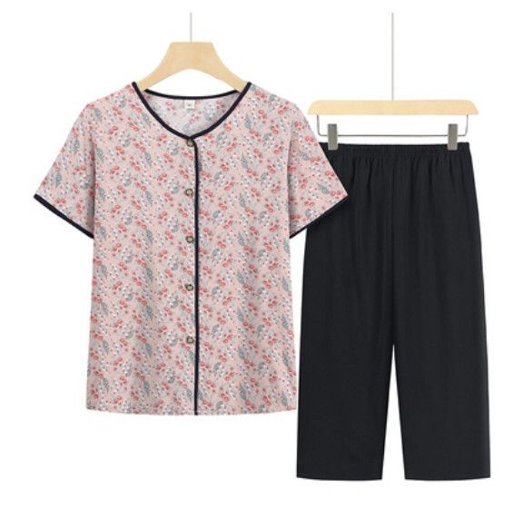 夏季中老年套裝（粉底葉子小花套裝）【尺碼：XL-4XL】【下單後聯絡客服確認發貨尺碼】F203013346