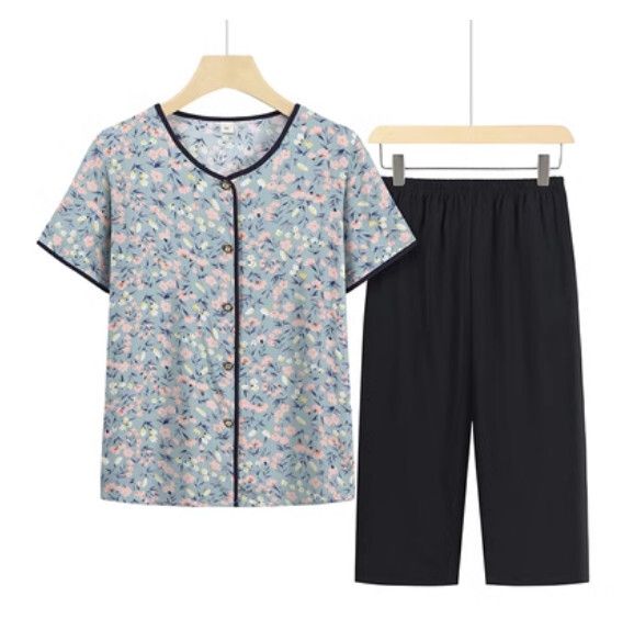 夏季中老年套裝（灰藍色小花套裝）【尺碼：XL-4XL】【下單後聯絡客服確認發貨尺碼】F203013342