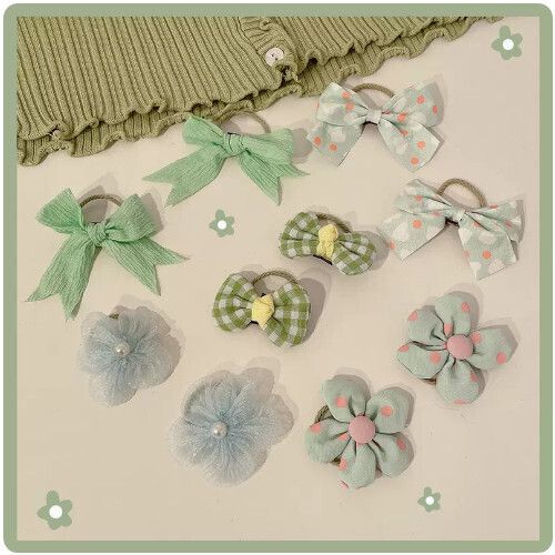兒童蝴蝶結髮圈頭繩 頭飾/髮飾(綠色10件套)
