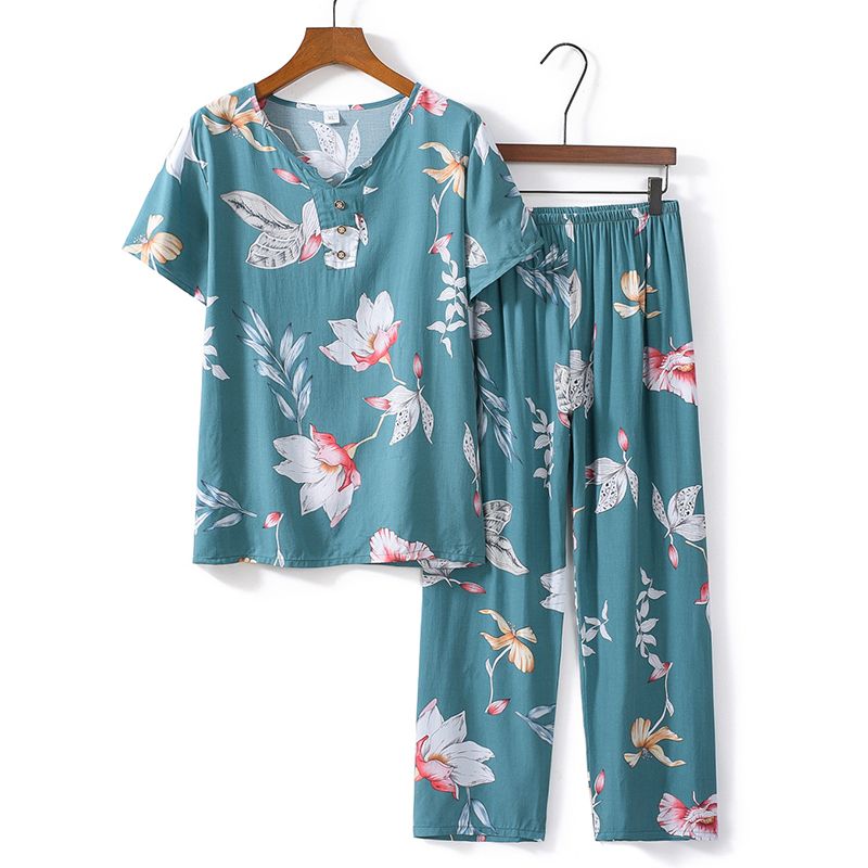 老年人短袖套裝( XL-4XL碼 綠底水蓮花）【下單後請聯絡客服確認發貨尺碼】F001099106