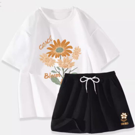 純棉短袖t恤兩件套【白色（向日花束）+黑褲】【S-XL碼】（下單後請聯絡客服確認發貨尺碼）#K011002564