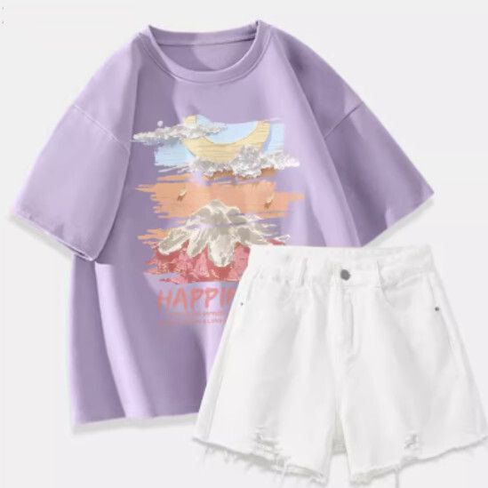 t恤+牛仔短褲【香芋紫（大油畫夢境）+白褲】【S-2XL碼】（下單後請聯絡客服確認發貨尺碼）#K011002458