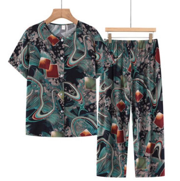 夏季中老年兩件套套裝（流動波紋）【尺碼：XL-5XL】【下單後聯絡客服確認發貨尺碼】F203013175