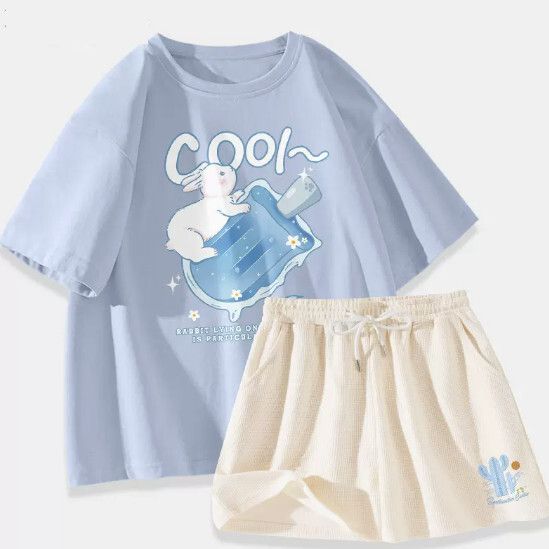 純棉短袖t恤兩件套【淺藍色（冰棒兔）+奶白褲】【S-XL碼】（下單後請聯絡客服確認發貨尺碼）#K011002545