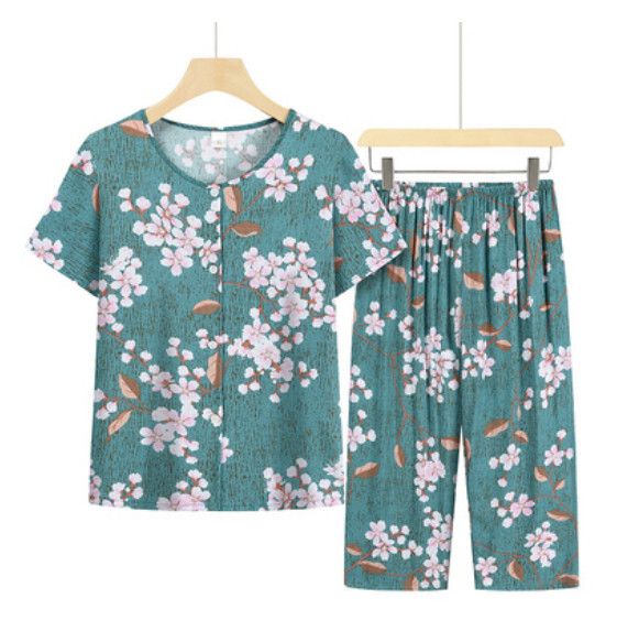 夏季中老年綿綢套裝（淺藍）【尺碼：XL-4XL】【下單後聯絡客服確認發貨尺碼】F203013329