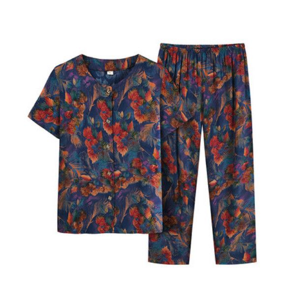 夏季中老年棉綢睡衣套裝（藍色楓葉）【尺碼：XL-4XL】【下單後聯絡客服確認發貨尺碼】F203013068