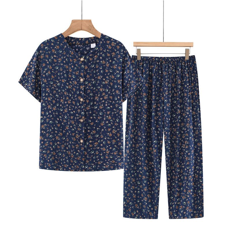 中老年媽媽短袖套裝(XL-4XL碼 深藍碎花）【下單後請聯絡客服確認發貨尺碼】F001099412