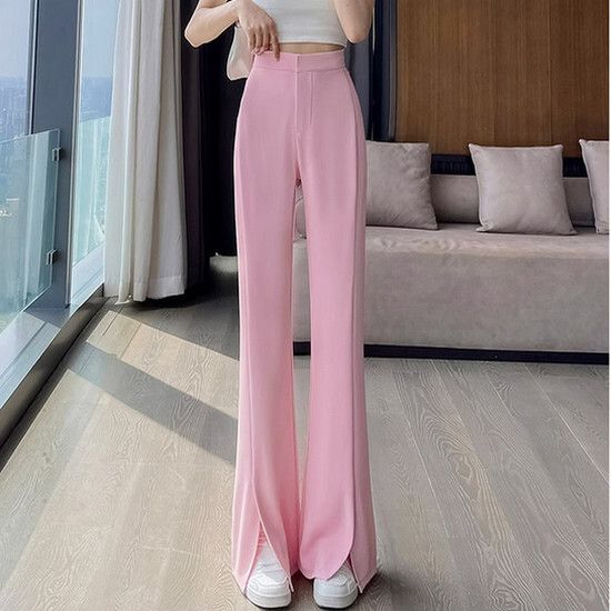 鬆緊腰開叉喇叭闊腿褲【粉色小個子】【XS-4XL碼】（下單後請聯絡客服確認發貨尺碼）#K012002114