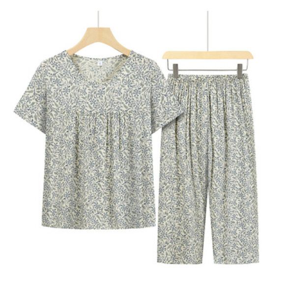 夏季中老年綿綢套裝（灰藍色花語）【尺碼：XL-4XL】【下單後聯絡客服確認發貨尺碼】F203013259