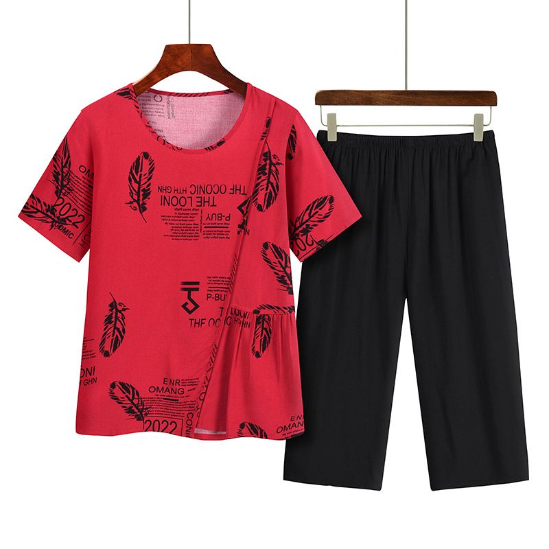 中老年媽媽短袖套裝(XL-4XL碼 紅色）【下單後請聯絡客服確認發貨尺碼】F001099363