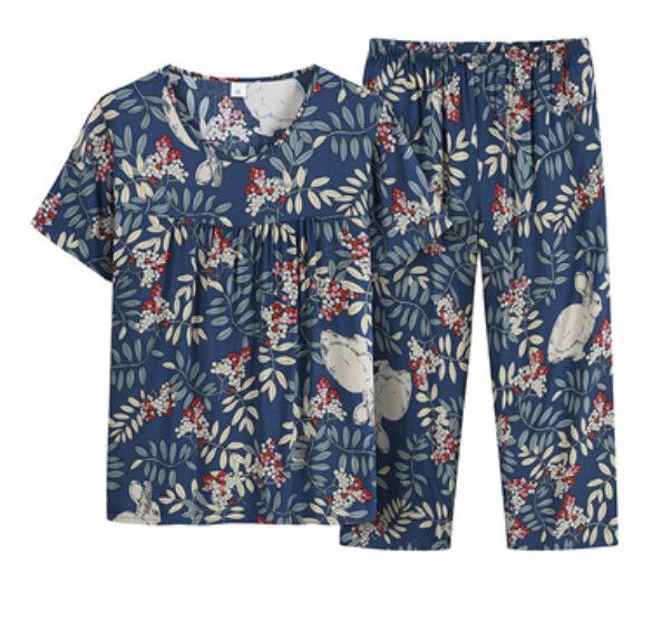 夏季中老年綿綢套裝（藏青千葉）【尺碼：XL-4XL】【下單後聯絡客服確認發貨尺碼】F203013158