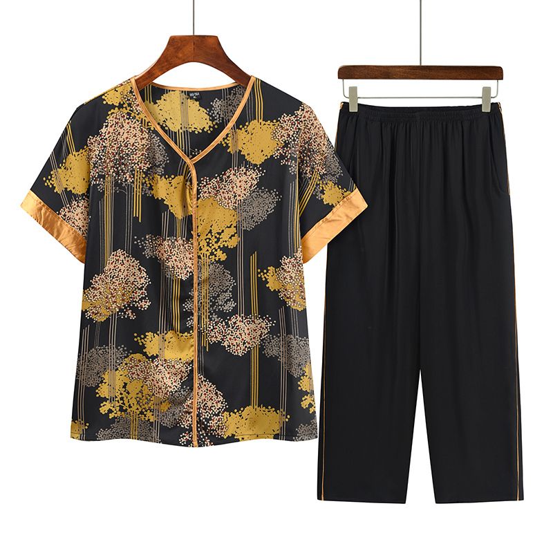 中老年媽媽短袖套裝(XL-4XL碼 黃色）【下單後請聯絡客服確認發貨尺碼】F001099417