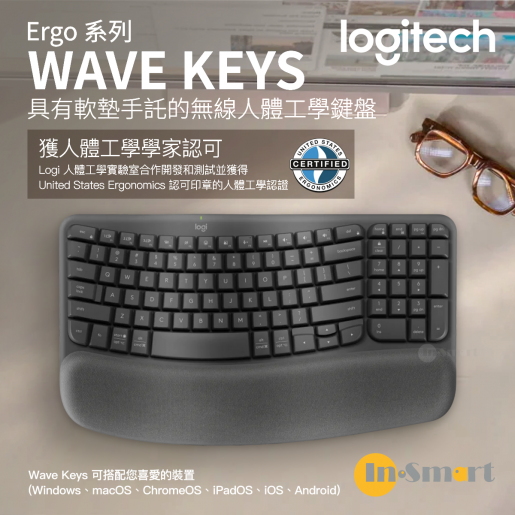 Logitech Wave Keys Wireless Ergonomic Keyboard with Cushioned Palm Rest,  Comfortable Natural Typing, Easy-Switch, Bluetooth, Logi Bolt Receiver, for  Multi-OS, Windows/Mac - Graphite 
