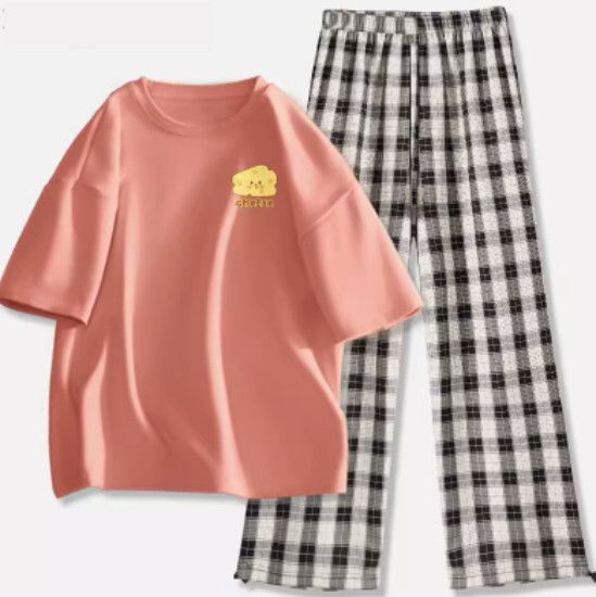 短袖束腳格子褲套裝【橘粉色（乳酪塊）+黑白褲】【S-2XL碼】（下單後請聯絡客服確認發貨尺碼）#K011002558