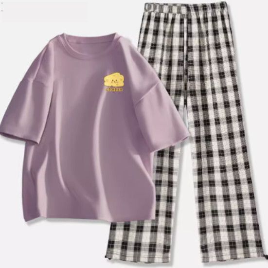 短袖束腳格子褲套裝【香芋紫（乳酪塊）+黑白褲】【S-2XL碼】（下單後請聯絡客服確認發貨尺碼）#K011002562