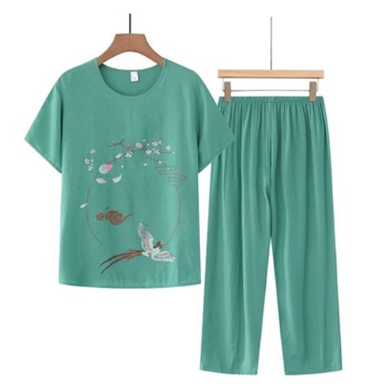 夏季中老年棉麻套裝（綠色）【尺碼：XL-4XL】【下單後聯絡客服確認發貨尺碼】F203013119
