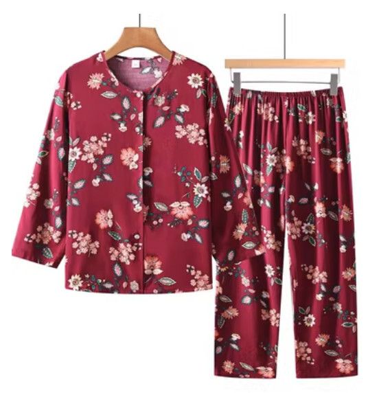 夏季中老年長袖開衫套裝（棗紅蒲公英）【尺碼：XL-5XL】【下單後聯絡客服確認發貨尺碼】F203013095