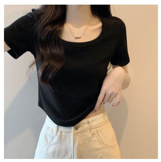 法式方領短款T恤（黑色）[尺碼：S-XL][下單後聯絡客服確認發貨尺碼]#F288002652