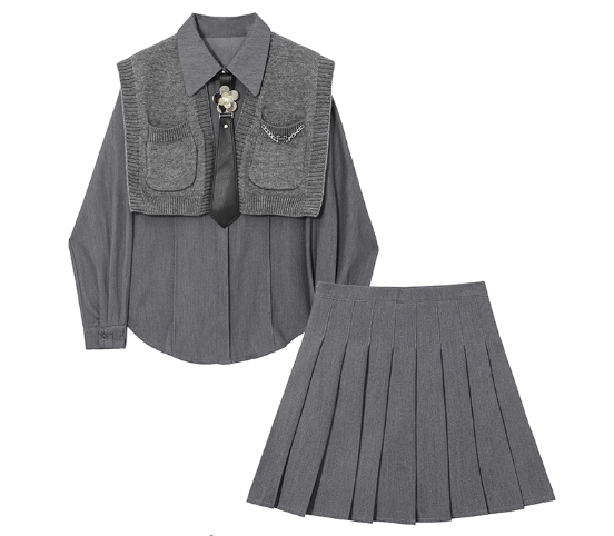 針織馬甲襯衫百褶裙兩件套（灰色襯衫灰色短裙）（規格：S-XL碼）(下單後聯絡客服確認發貨尺碼)#F047043682